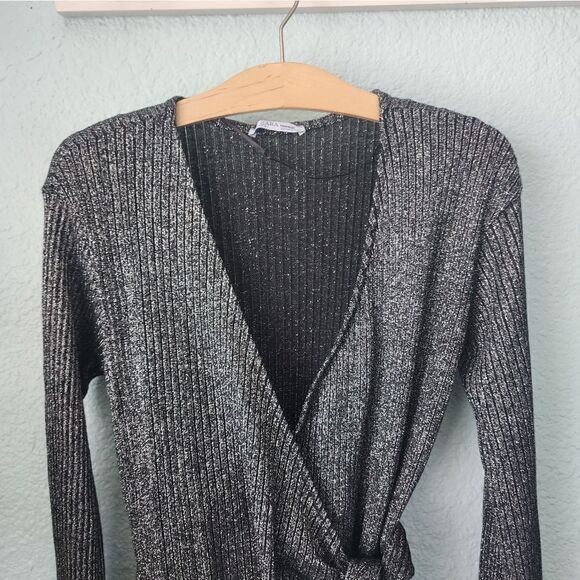 Zara true wrap metallic long sleeve ribbed knit cardigan style blouse - Picture 7 of 16